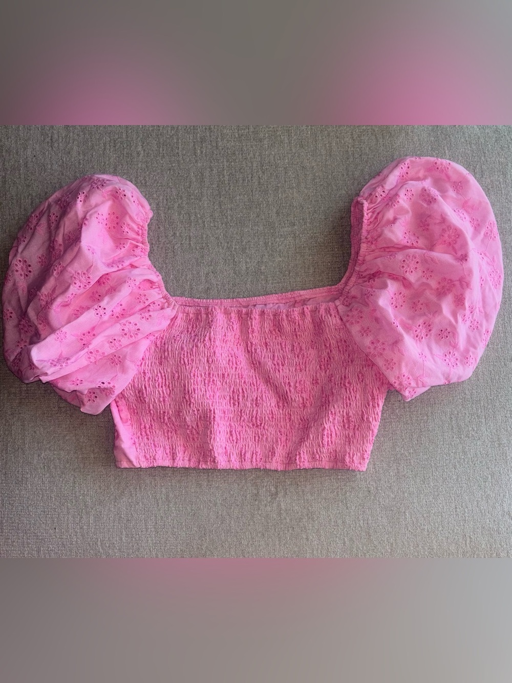 SHEIN MOD Pink Eyelet Puff Sleeve Crop Top Coquette Barbiecore Milkmaid Top - Picture 5 of 5